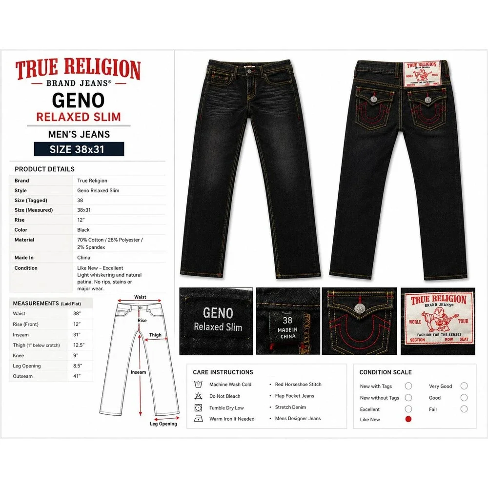True Religion Geno Relaxed Slim Black Jeans Red Stitch Flap Pocket Men’s 38x31